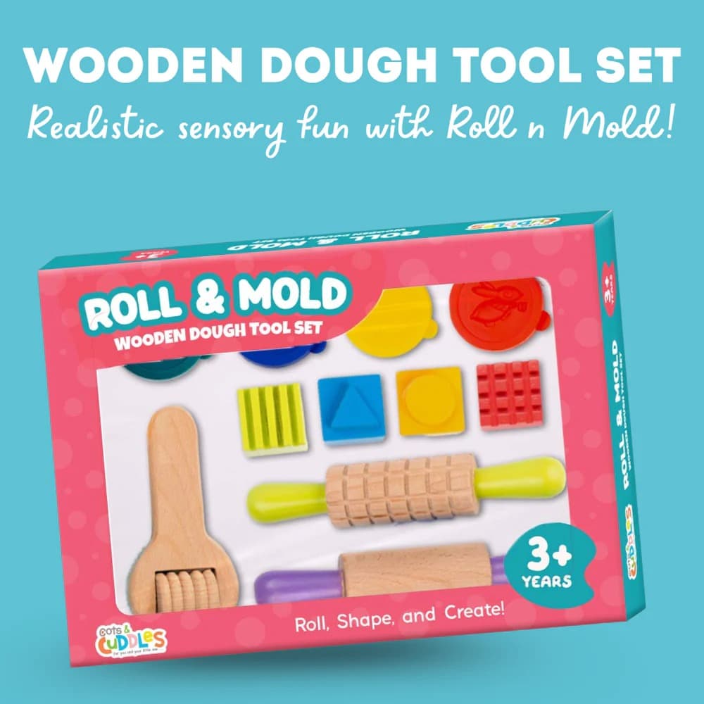 Cots and Cuddles Dough Mould Tool Kit with Fun Shapes & 4pc Clay | Wooden Dough Tool Set for Kids